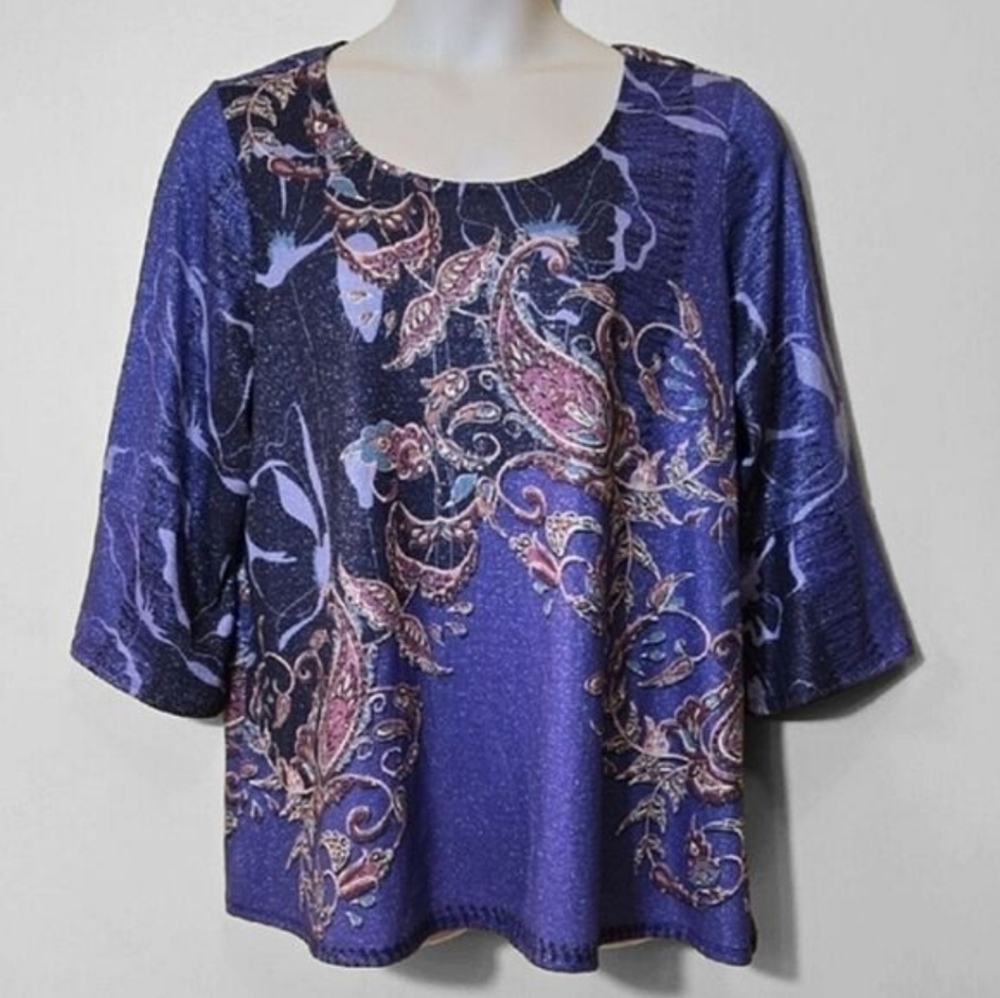 Plus Size Paisley Top 2X Floral Shimmer 3/4‎ Belled Sleeve
